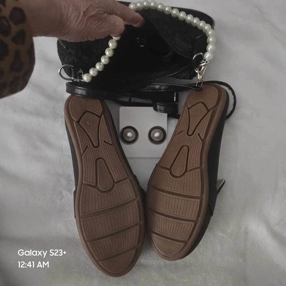 Elegant Black Loafers with Pearl Detail, Matching Purse And Earrings, Never Worn - Picture 2 of 4